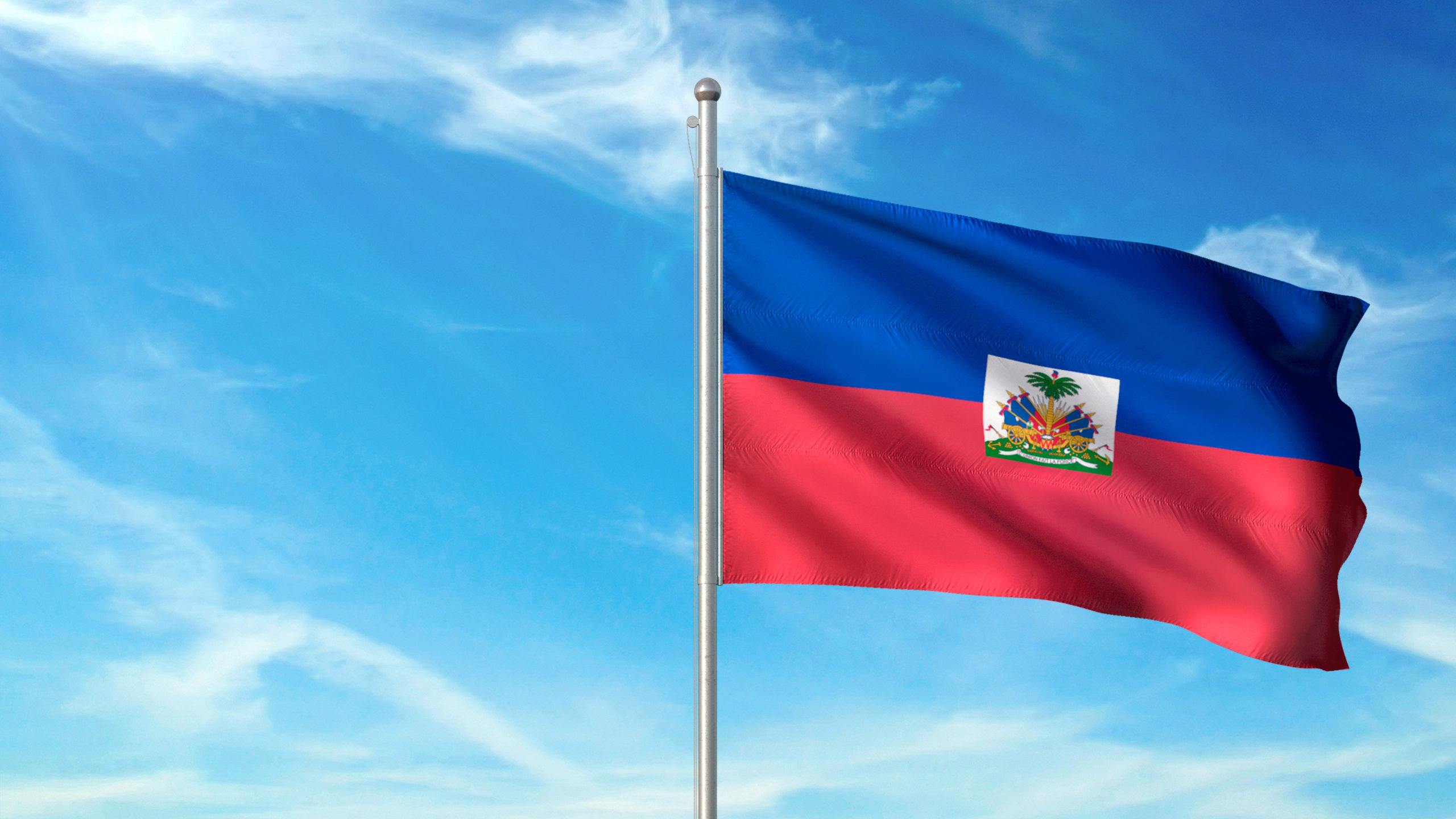 Haiti flag waving cloudy sky background Haiti flag on flagpole waving cloudy sky background realistic 3d illustration with copy space