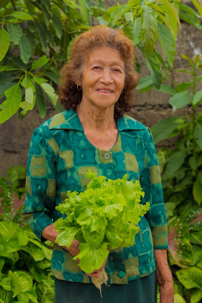 A person holds a head of lettuce.