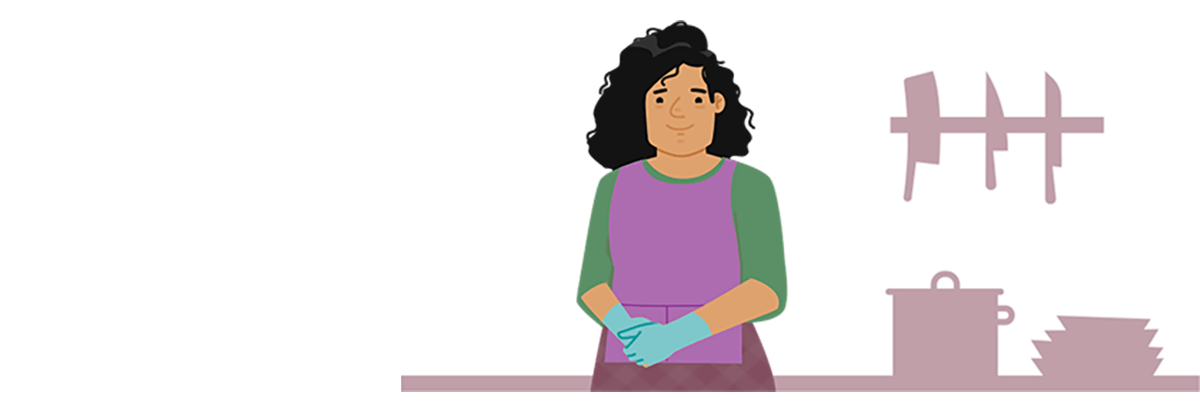 An illustration of a domestic worker at a kitchen counter.