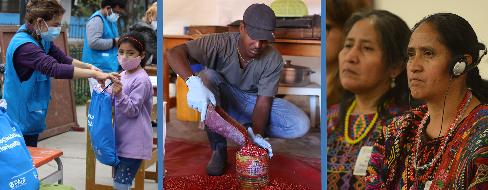 Collage: migrant child receiving a school kit; farmer scooping seeds into a can; row of women at an event