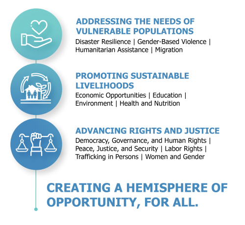 Strategic goal areas graphic: Address the needs of vulnerable populations. | Promote sustainable livelihoods. | Advance rights and justice.